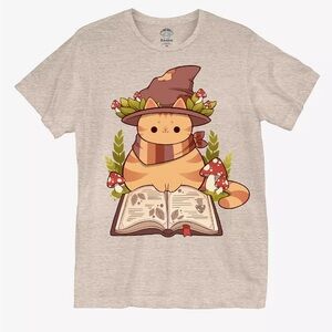 Hot Topic Beige Graphic Cat Wizard Short Sleeve Tee